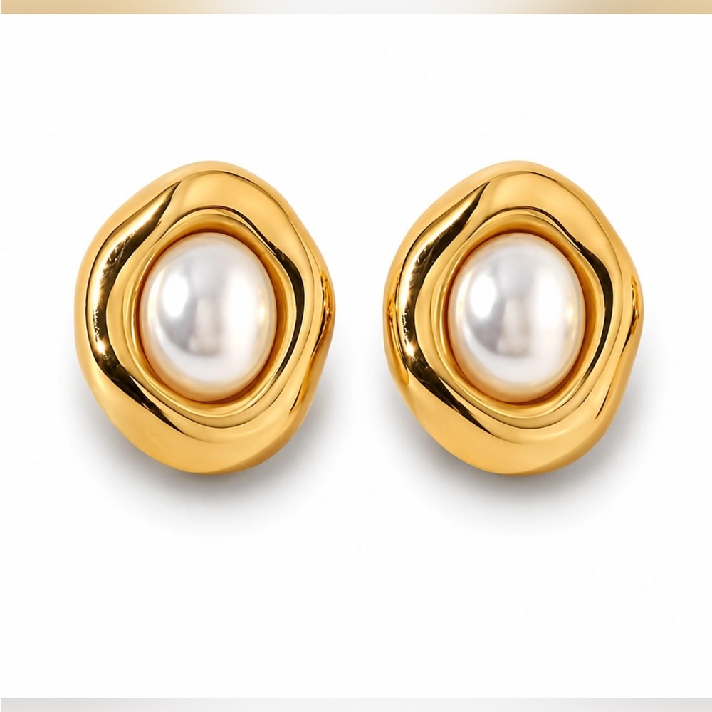 Gold Pearl Dome Stud Earrings - Women's Classic Fashion